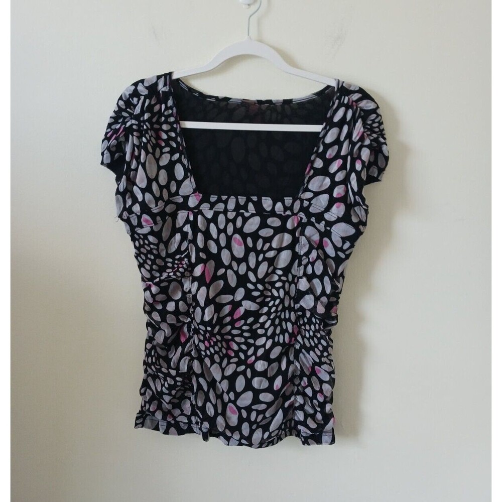 S.Oliver Womens Polka Dot Sleeveless Ruched Pink Black Floral Top Size 14